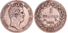 Louis-Philippe Ier (1830-1848) - 5 francs tête nue tranche en creux 1831 BB (Strasbourg)
TB
Ga.676-F.315
Ar ; 24.73 gr ; 37 mm