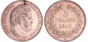 Louis-Philippe Ier (1830-1848) - 5 francs tête laurée 2ème type 1843 A (Paris)
SUP
Ga.678-F.324
Ar ; 24.95 gr ; 37 mm