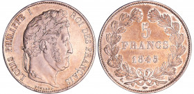 Louis-Philippe Ier (1830-1848) - 5 francs tête laurée 3ème type 1845 A (Paris)
SUP+
Ga.678a-F.325
Ar ; 24.87 gr ; 37 mm
Aspect Proof du flan.