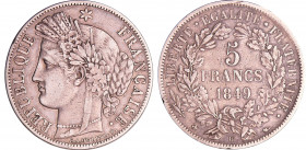Deuxième république (1848-1852) - 5 francs Cérès 1849 BB (Strasbourg)
TTB
Ga.719-F.327
Ar ; 24.65 gr ; 37 mm