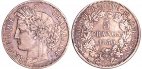 Deuxième république (1848-1852) - 5 francs Cérès 1850BB (Strasbourg)
TTB
Ga.719-F.327
Ar ; 24.76 gr ; 37 mm