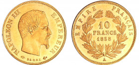 Napoléon III (1852-1870) - 10 francs grand module 1858 A (Paris)
SPL à FDC
Ga.1014-F.506
Au ; 3.23 gr ; 19 mm