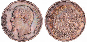 Napoléon III (1852-1870) - 50 centimes tête nue 1862 A (Paris)
SUP
Ga.414-F.187
Ar ; 2.51 gr ; 18 mm