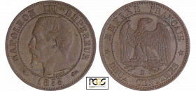 Napoléon III (1852-1870) - 2 centimes tête nue 1855 D (Lyon) petit D / chien-grand lion
PCGS AU 55
Ga.103-F.107
Br ; 2.02 gr ; 20 mm
PCGS # 838906...