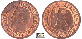 Napoléon III (1852-1870) - 1 centime tête nue 1855 D (Lyon) chien
PCGS MS 63 RB
Ga.86-F.102
Br ; 1.03 gr ; 15 mm
PCGS # 83890630.
