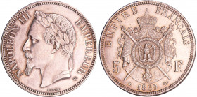 Napoléon III (1852-1870) - 5 francs tête laurée 1869 BB (Strasbourg), petit BB
SUP
Ga.739-F.331
Ar ; 25.03 gr ; 37 mm