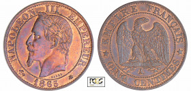Napoléon III (1852-1870) - 5 centimes tête laurée 1865 A (Paris)
PCGS MS 63 RB
Ga.155-F.117
Br ; 4.99 gr ; 25 mm
PCGS # 83890634.