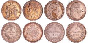 Lot de 4 monnaies en argent de 5 francs
1834 A (Paris) avec 2 contremarques "G" ; 1836 W (Lille) ; 1868 BB (Strasbourg) ; 1874 A (Paris)