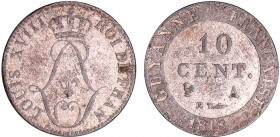 Guyane - Louis XVIII (1815-1824) - 10 centimes 1818 A (Paris)
SUP
Lecompte.30
Bill ; 2.67 gr ; 22 mm