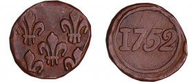 Inde - Territoire de Pondichéry - Louis XV (1715-1774) - 1/4 de biche 1752
TTB
Lecompte.35
Br ; 0.87 gr ; 11 mm