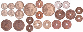 Indochine et Cochinchine - Lot de 12 monnaies
1 piastre 1947 tranche striée (SPL) ; 20 cent .1941.S (SUP+) ; 10 cent magnétique 1939 et 1940 (SUP+) ;...