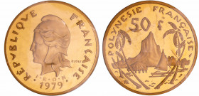 Polynésie Française - Piéfort 50 francs Or 1979 certificat N°008
FDC
Lecompte.113
Au ; 63.2 gr ; 33 mm
Monnaie frappée à 94 exemplaires. Certifica...