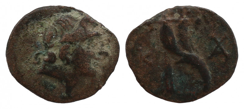 Caria, Kaunos. Circa 191/0-166 B.C. AE 10.
 
Obv: Diademed head of young male ri...