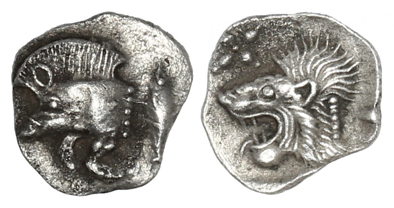 MYSIA. Kyzikos. AR Hemiobol (Circa 450-400 BC).

Obv: Forepart of boar left; tun...