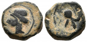 CARTAGONOVA (Cartagena, Murcia). 1/4 Calco. (Ae. 2,22g/12mm). 220-215 a.C. (FAB-523). Anv: Cabeza de Tanit a izquierda. Rev: Casco a izquierda. MBC-.