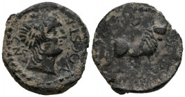 CASTULO (Cazlona, Jaén). Semis. (Ae. 9,51g/22mm). 180 a.C. (FAB-728). Anv: Busto masculino diademado a derecha, alrededor leyenda: CN VOC S T F R. Rev...