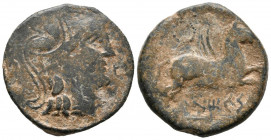 UNTICESCEN (Ampurias, Gerona). As. (Ae. 11,24g/26mm). 130-90 a.C. (FAB-1209). Anv: Cabeza de Palas a derecha. Rev: Pegaso-Criasor a derecha, encima co...