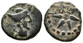 MALACA (Málaga). 1/4 Calco. (Ae. 2,13g/15mm). 290-220 a.C. (FAB-1722). Anv: Cabeza con gorro egipcio a derecha. Rev: Estrella de siete puntas dentro d...