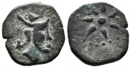 MALACA (Málaga). 1/4 Calco. (Ae. 1,98g/14mm). 290-220 a.C. (FAB-1722). Anv: Cabeza con gorro egipcio a derecha. Rev: Estrella de siete puntos. MBC-.