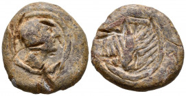 SEARO (Utrera, Sevilla). Plomo monetiforme. (Pb. 16,61g/25mm). 120-50 a.C. (CCP 19.1). Anv: Cabeza femenina a derecha. Rev: Espiga. MBC.