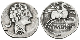 SECOBIRICES (Saelices, Cuenca). Denario. (Ar. 3,36g/19mm). 120-30 a.C. (FAB-2172). Anv: Cabeza masculina a derecha, detrás creciente, debajo letra ibé...