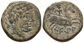 SEGIA (Ejea de los Caballeros, Zaragoza). As. (Ae. 13,10g/25mm). 120-20 a.C. (FAB-2159). Anv: Busto barbado masculino a derecha, detrás delfín. Rev: J...