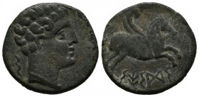 SESARS (Sesa, Huesca). Semis. (Ae. 5,17g/21mm). 120-20 a.C. (FAB-2201). Anv: Cabeza masculina a derecha, detrás delfín. Rev: Pegaso a derecha, debajo ...