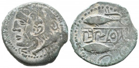 SEXI (Almuñécar, Granada). As. (Ae. 10,42g/26mm). 200-20 a.C. (FAB-2228). Anv: Cabeza de Hércules con piel de león a izquierda, detrás clava. Rev: Dos...