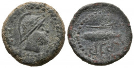 SEXI (Almuñécar, Granada). Semis. (Ae. 6,47g/20mm). 200-20 a.C. (FAB-2241). Anv: Cabeza con casco a derecha. Rev: Atún a derecha, encima leyenda púnic...