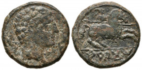 TERCACOM (Tierga, Zaragoza). As. (Ae. 8,86g/24mm). 120-20 a.C. (FAB-2386). Anv: Cabeza masculina a derecha, entre dos delfines. Rev: Jinete con lanza ...