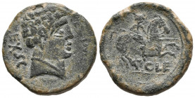 TOLE (Toledo). As. (Ae. 8,26g/23mm). 50-20 a.C. (FAB-2401). Anv: Cabeza masculina a derecha, alrededor leyenda: EX SC CELTAMB. Rev: Jinete con lanza a...