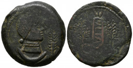 ULIA (Montemayor, Córdoba). As. (Ae. 18,82g /31mm). 50 b.C (FAB-2490). Anv: Cabeza femenida a derecha, delante palma, debajo creciente. Rev: Ramas de ...