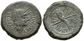 VALENTIA (Valencia). As. (Ae. 23,93g/31mm). 150-50 a.C. (FAB-2511, serie pesada). Anv: Cabeza galeada de Roma a derecha, alrededor leyenda: L CORANI C...
