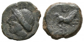 INCIERTAS DE LA PENINSULA. Cuadrante. (Ae. 3,09g/16mm). (Villaronga 428/1). Anv: Cabeza femenina diademada a izquierda. Rev: Caballo a derecha, encima...