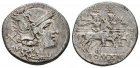 ACUÑACIONES ANONIMAS. Denario. (Ar. 4,14g/20mm). 200-190 a.C. Sur de Italia. (FFC 7; Crawford 44/5). Anv: Cabeza de Roma a derecha, detrás X. Rev: Dio...