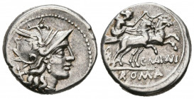 GENS MAIANA. Denario. (Ar. 4,05g/18mm). 153 a.C. Roma. (FFC 832; Crawford 203/1a). Anv: Cabeza de Roma a derecha, detrás X. Rev: Victoria con látigo e...