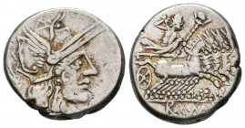 GENS PAPIRIA. Denario. (Ar. 3,82g/18mm). 121 a.C. Taller auxiliar de Roma. (FFC 959; Crawford 276/1). Anv: Cabeza de Roma a derecha, delante X, detrás...