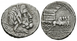 GENS RUBRIA. Denario. (Ar. 3,60g/19mm). 87 a.C. Roma. (FFC 1191; Crawford 348/1). Anv: Cabeza laureada de Júpiter a derecha con cetro sobre hombro, de...