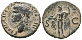 AGRIPA. As. (Ae. 10,90g/28mm). 37-41 d.C. Roma. (RIC 58). Anv: Busto laureado de Agripa a izquierda, alrededor leyenda: M AGRIPPAL F COS III. Rev: Nep...