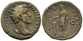 ANTONINO PIO. Dupondio. (Oricalco. 12,22g/27mm). 147-148 d.C. Roma. (RIC 849 var). Anv: Busto radiado de Antonino Pío a derecha, alrededor leyenda: AN...