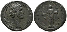 ANTONINO PIO. Sestercio. (Ae. 24,40g/34mm). 140-144 d.C. Roma. (RIC 598). Anv: Cabeza laureada de Antonino Pío a derecha, alrededor leyenda: ANTONINVS...