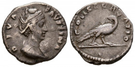 FAUSTINA I. Denario. (Ar. 3,00g /18mm). 141 d.C. Roma. (RIC 384). Anv: Busto diademado y drapeado de Faustina I a derecha, alrededor leyenda: DIVA FAV...