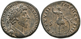 MARCO AURELIO. Sestercio. (Ae. 24,34g/31mm). 163-164 d.C. Roma. (RIC 861). Anv: Busto laureado de Marco Aurelio a derecha, alrededor leyenda: L AVREL ...