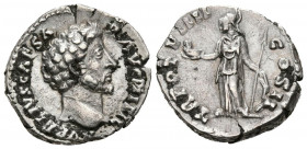 MARCO AURELIO. Denario. (Ar. 3,60g/18mm). 154-155 d.C. Roma. (RIC 463b). Anv: Cabeza de Marco Aurelio a derecha, alrededor leyenda: AVRELIVS CAESAR AV...