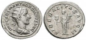 GORDIANO III. Antoniniano. (Ar. 4,83g/22mm). 240 d.C. Roma. (RIC 63). Anv: Busto radiado y drapeado de Gordiano III a derecha, alrededor leyenda: IMP ...