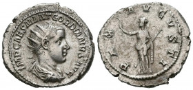 GORDIANO III. Antoniniano. (Ar. 4,87g/23mm). 238-239 d.C. Antioquía. (RIC 189). Anv: Busto radiado y drapeado de Gordiano III a derecha, alrededor ley...