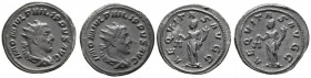 FILIPO I. Dos Antonininianos de Filipo I, catalogados como RIC 27b, acuñados por el mismo cuño. Escaso. MBC+.