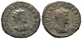 AURELIANO y VABALATO. Antoniniano. (Ae. 2,96g/21mm). 270-272 d.C. Antioquía. (RIC 381). Anv: Busto radiado y drapeado de Aureliano a derecha, alrededo...