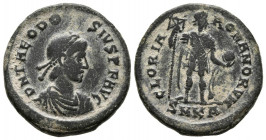 TEODOSIO I. Maiorina. (Ae. 4,66g/21mm). 383-386 d.C. Cícico. (RIC 14c). Anv: Busto diademado y drapeado de Teodosio I a derecha, alrededor leyenda: D ...