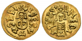 SISEBUTO (612-621). Tremissis. (Au. 1,49g/19mm). Emérita (Mérida). (CNV 258.10). Anv: Busto de frente, alrededor leyenda: SISEBVTVS REX. Rev: Busto de...